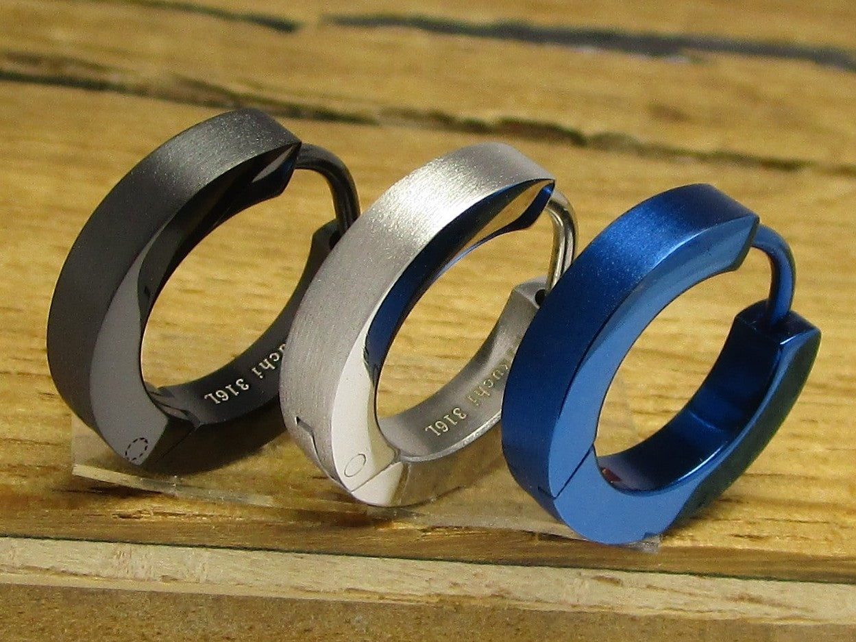 Men's earrings titanium rods stainless steel hoop huggies straight 3 mm / Ø 15 mm black blue silver matt ERTS023