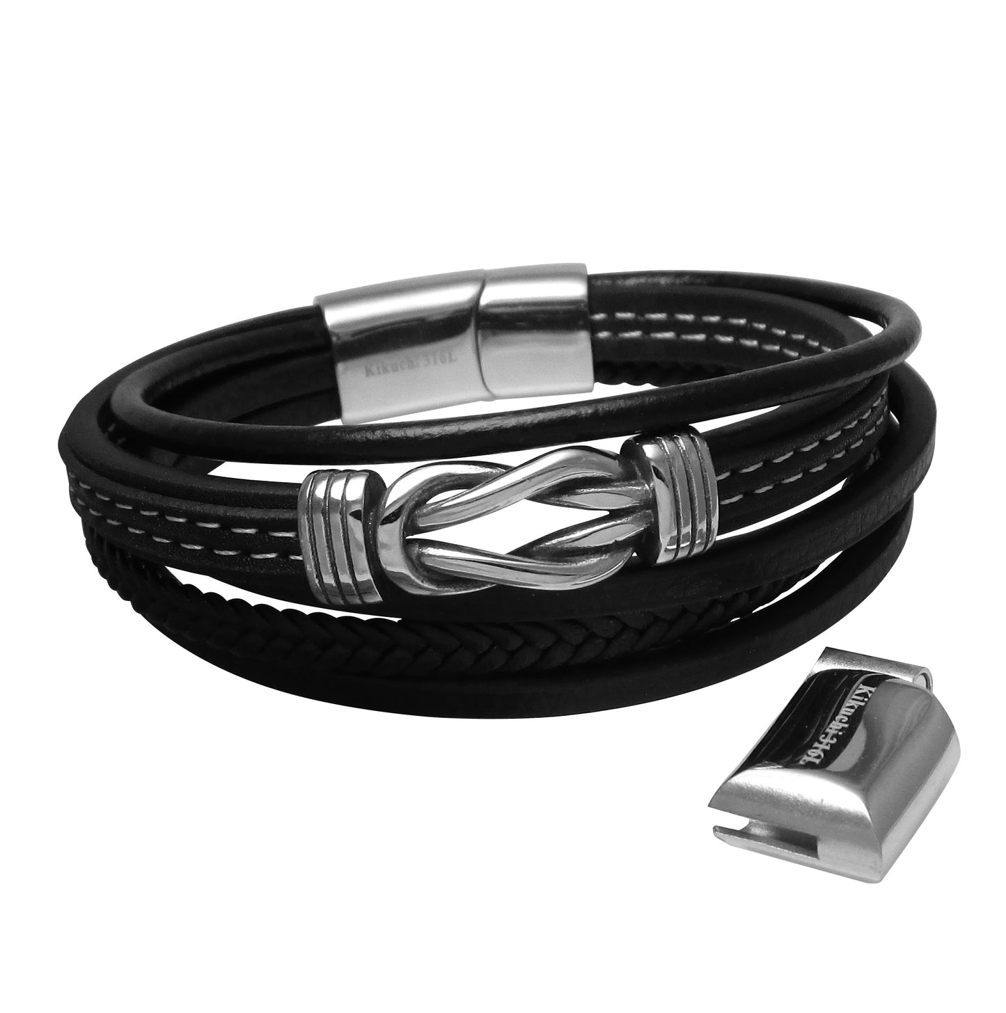 ⚜️ Herren Armband Lederarmband aus echtes Leder 5 Fach Schwarz Magnetverschluss 21 cm / 22,5 cm