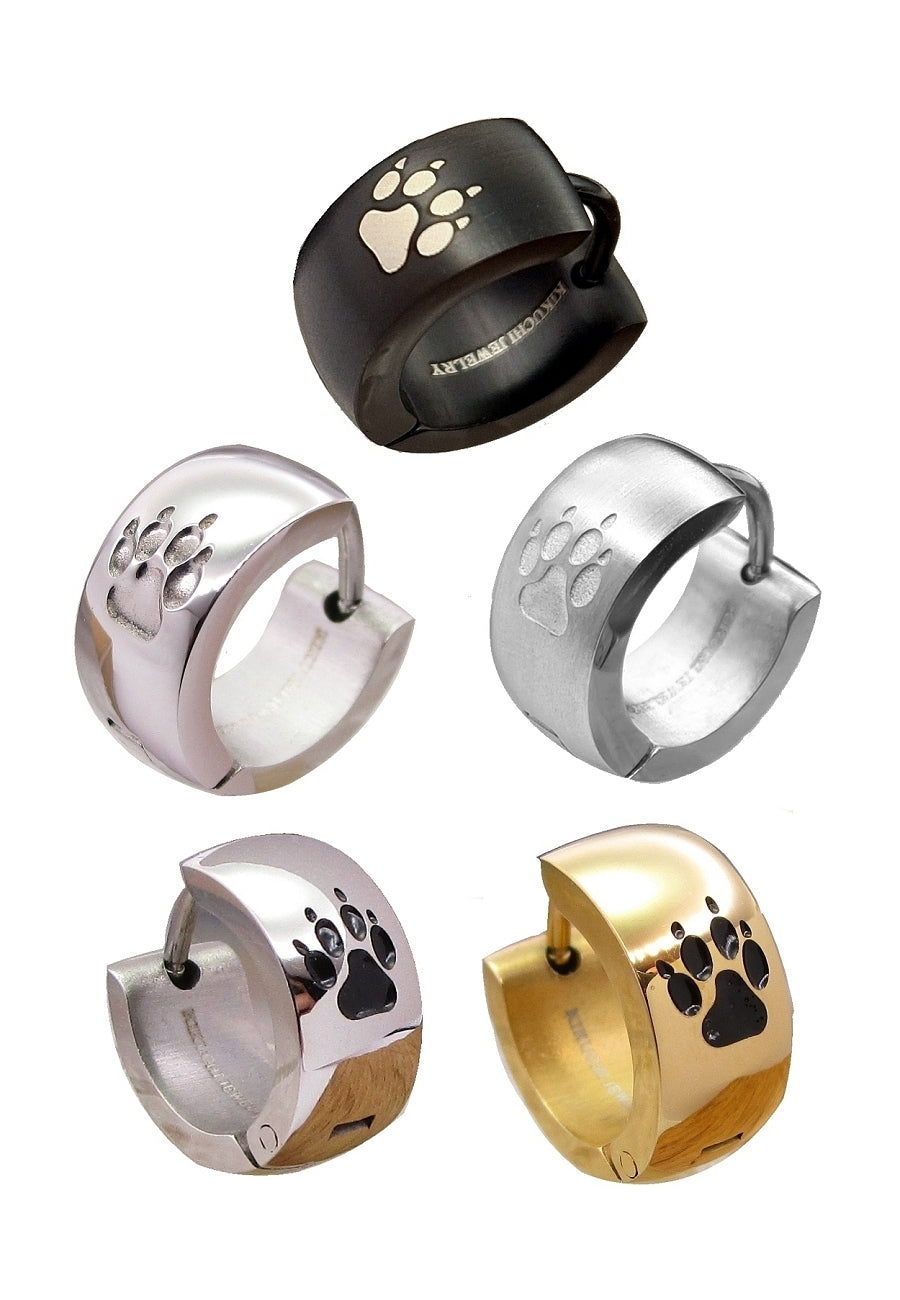 Herren Damen Ohrringe Edelstahl Creolen Schwarz Silber Matt Gold glänzend Wolf Pfotenabdrücke ER15103