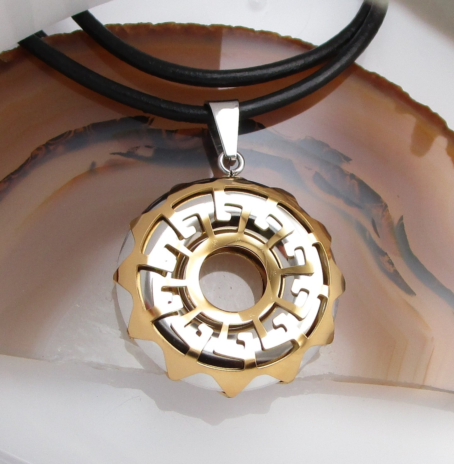 ✨Halskett Greek Key Kreis Anhänger Schwarz Gold Bronze Blau mit Lederkette