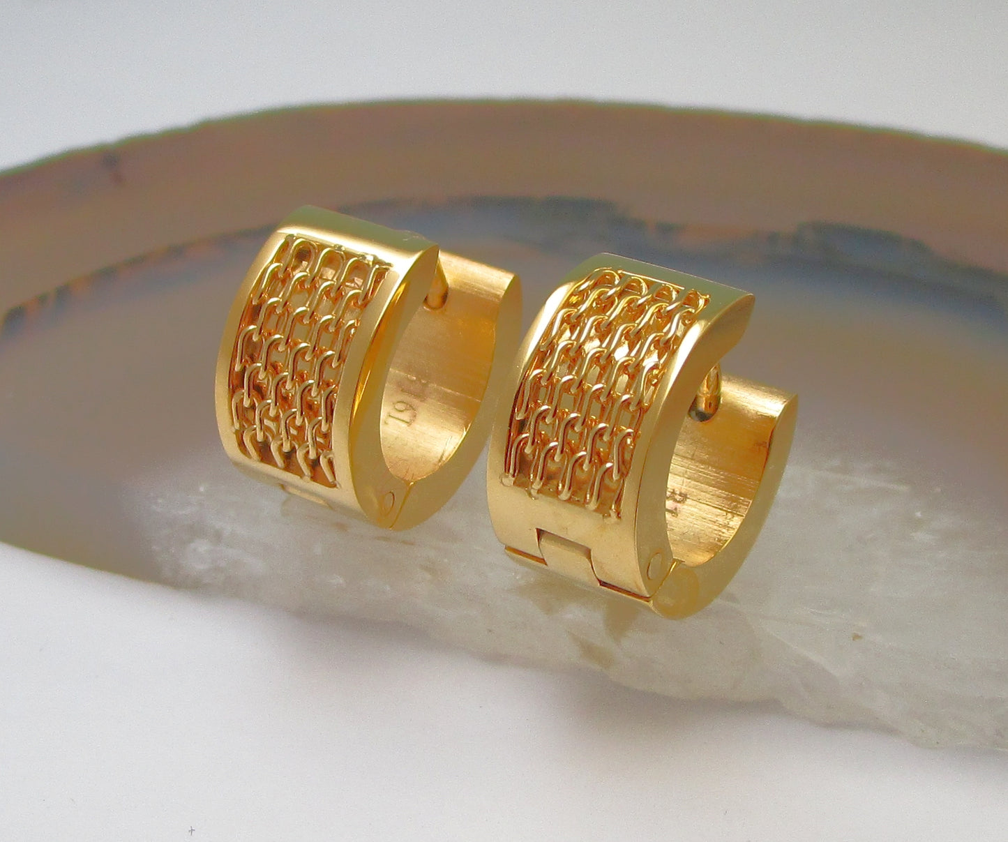 ✨ Edelstahl Herren Ohrringe Männer Klapp Creolen Kantig Net Silber Gold Schwarz ER15118