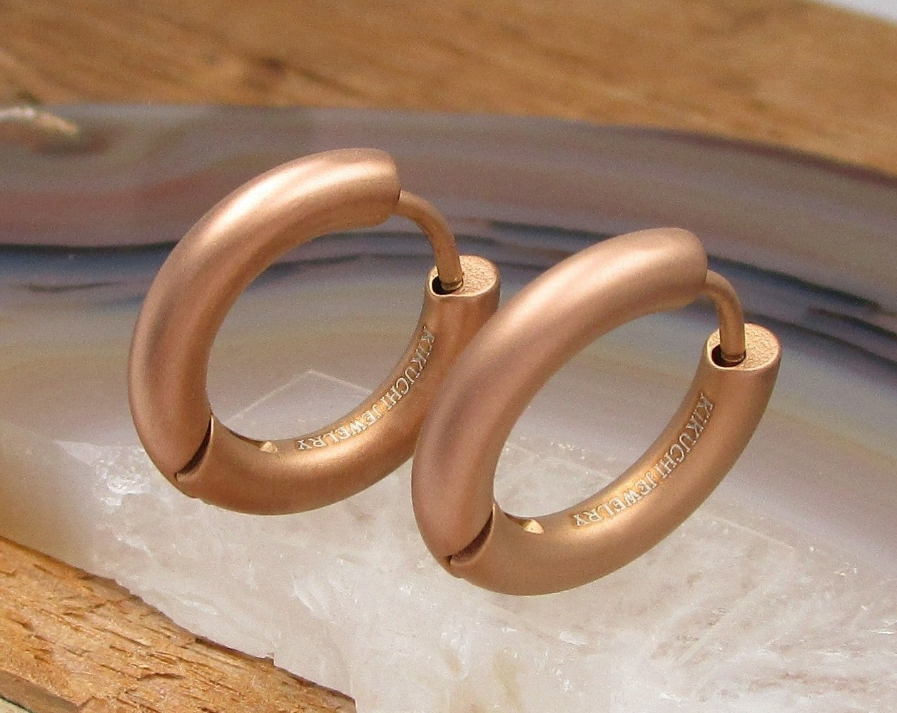 Kikuchi Tube Earrings Titanium Rods Stainless Steel Hoop Earrings Cappuccino Gold Sandblasted High Polish Ø 12-20 mm 3 Sizes