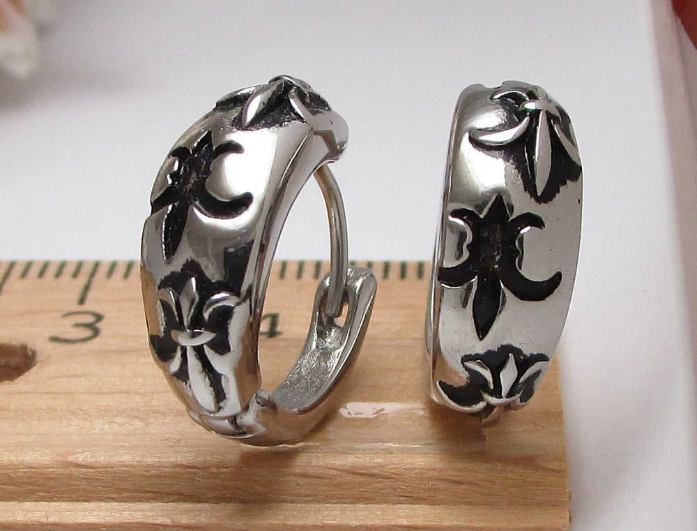 ✨Exklusiv Casting Ohrringe Edelstahl Klapp Creolen Silber Glänzend "Fleur de Lis " für Herren Damen