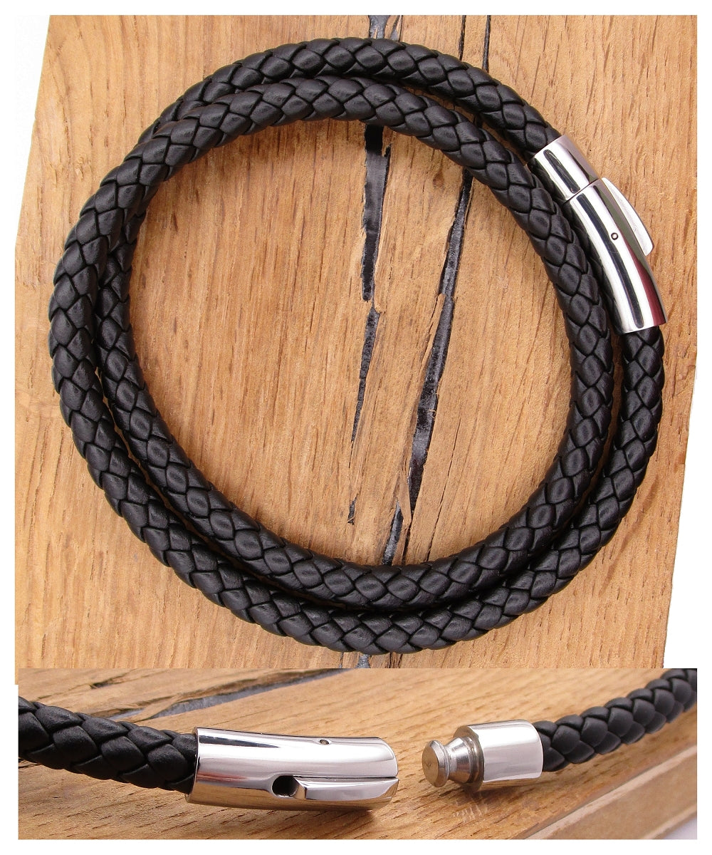 🔶 Unisex Lederhalsband Kalbsleder aus sechs Bändern geflochten Ø 6mm Schwarz Edelstahl Verschluss TOP