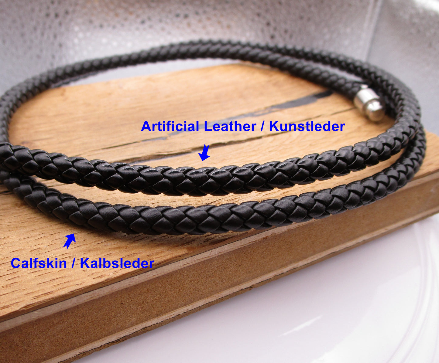🔶 Unisex Lederhalsband Kalbsleder aus sechs Bändern geflochten Ø 6mm Schwarz Edelstahl Verschluss TOP