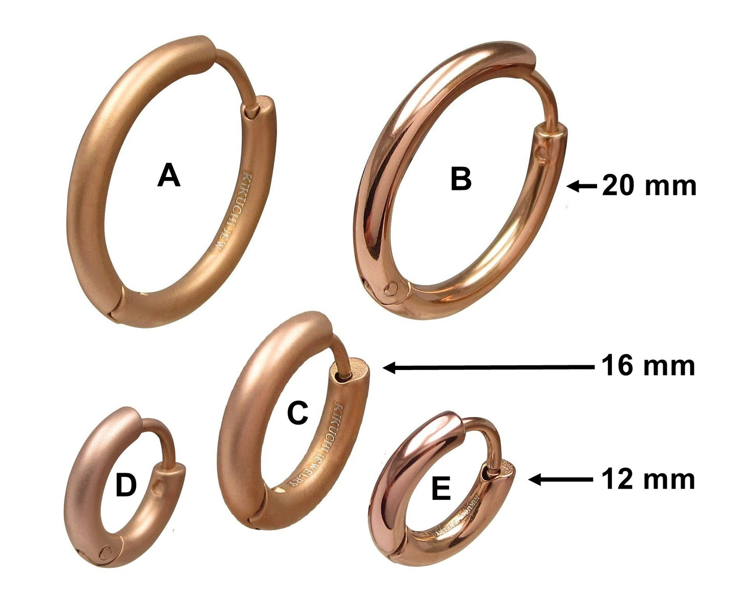 Kikuchi Tube Earrings Titanium Rods Stainless Steel Hoop Earrings Cappuccino Gold Sandblasted High Polish Ø 12-20 mm 3 Sizes