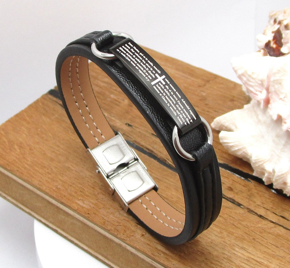 ⚜️ Herren Damen Partner Armband Edelstahl Lederarmband Schwarz Pater Noster (Vater Unser) Gebet Lateinisch 16 bis 23 cm