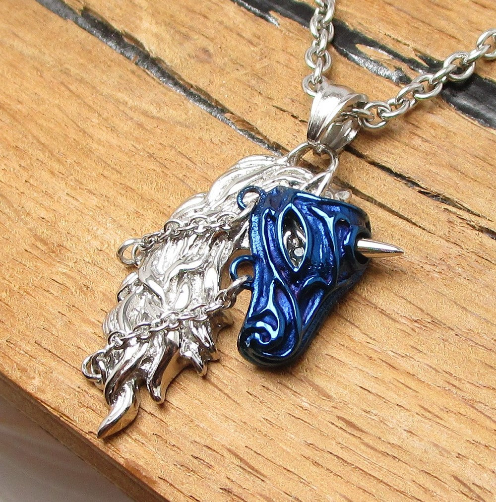 🔶 Edelstahl Anhänger Einhorn Schlachtross Schwarz Blau Gold mit 50 cm Halskette für Herren & Damen