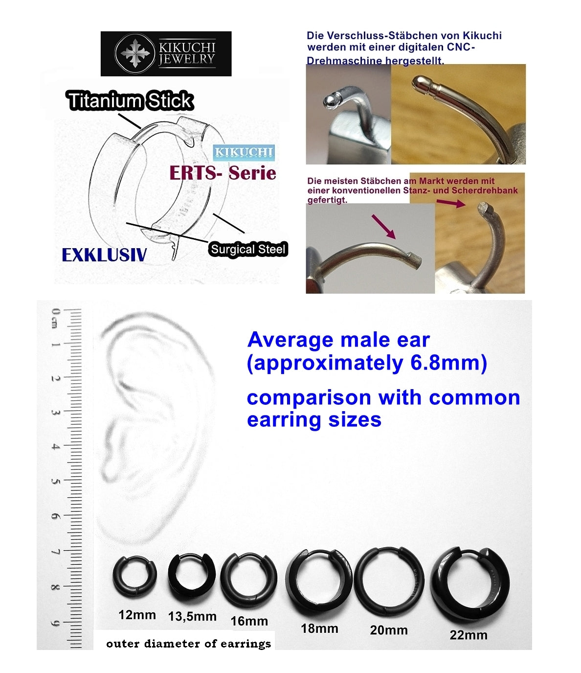 🔶 Ø 16 mm Ohrringe Horizontal gebürstet mit 18g Titan Stab Zweifarbig Klapp Creolen Ohrclicker Kantig Schwarz Gold Blau Bronze ERTS039