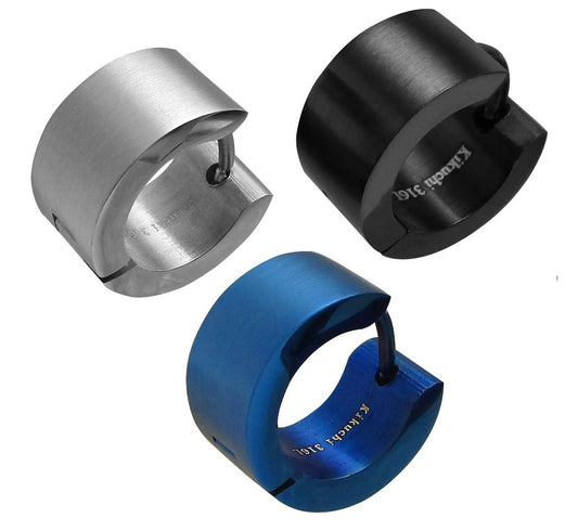 🔷 Edelstahl Ohrringe 7 mm  / Ø 13 mm Klapp Creolen Matt Schwarz Blau Silber Gbürstet ER15156