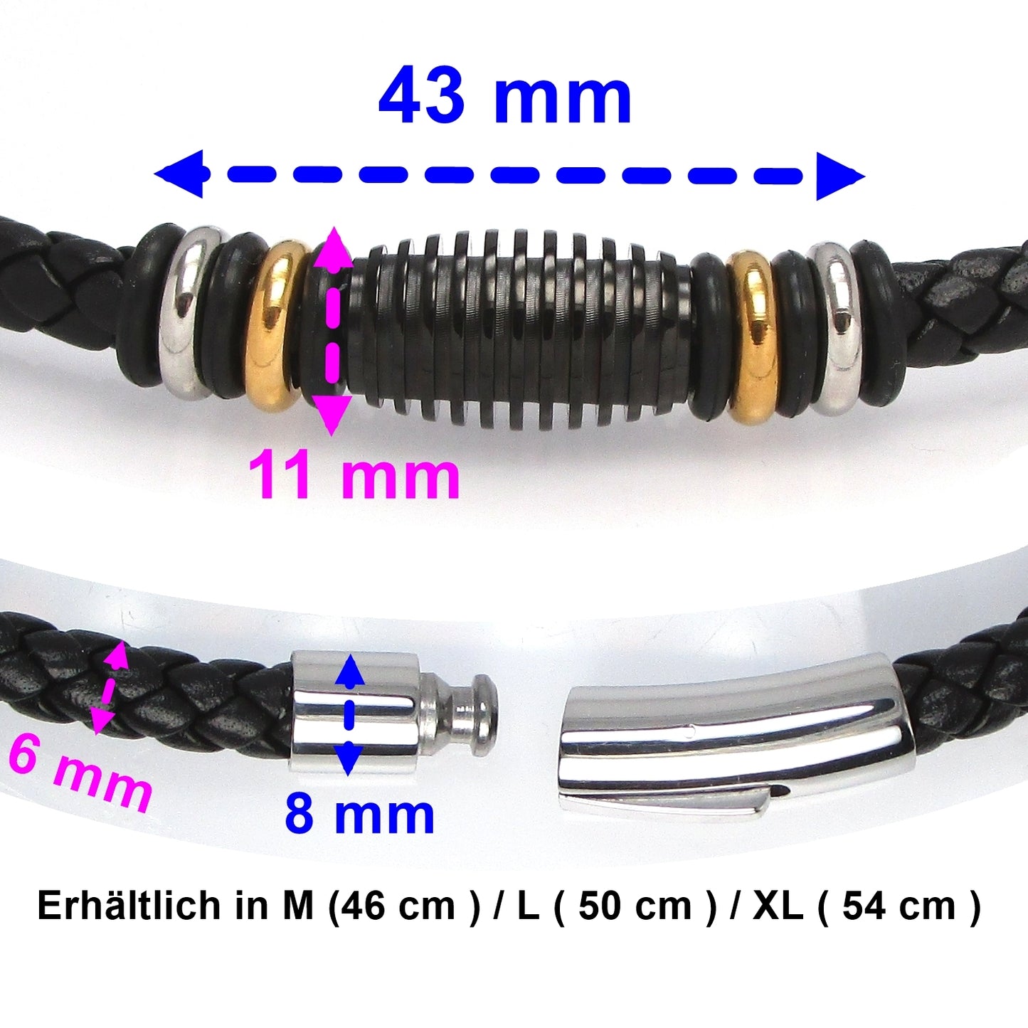 🔶 Men's Black Calfskin Leather Necklace Braided from Six Strands Ø 6mm with Stainless Steel Beads TOP