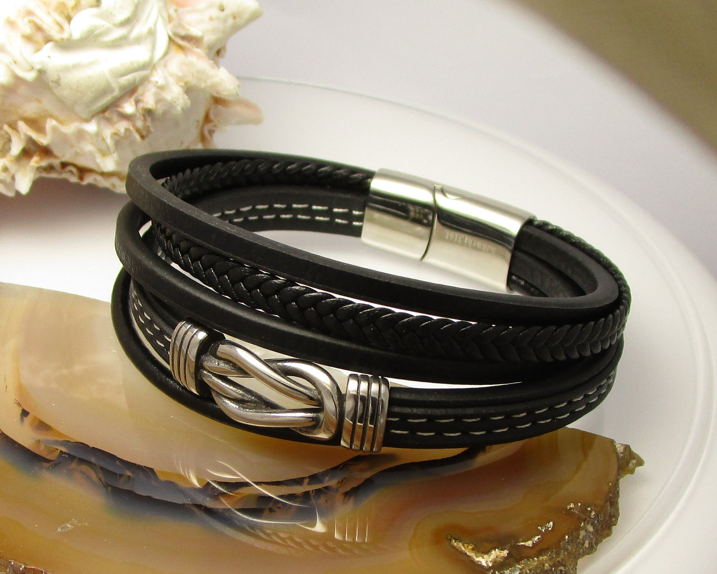 ⚜️ Herren Armband Lederarmband aus echtes Leder 5 Fach Schwarz Magnetverschluss 21 cm / 22,5 cm