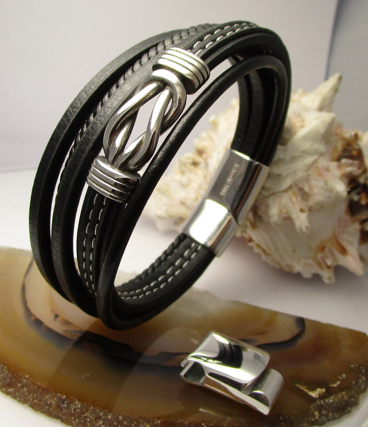 ⚜️ Herren Armband Lederarmband aus echtes Leder 5 Fach Schwarz Magnetverschluss 21 cm / 22,5 cm
