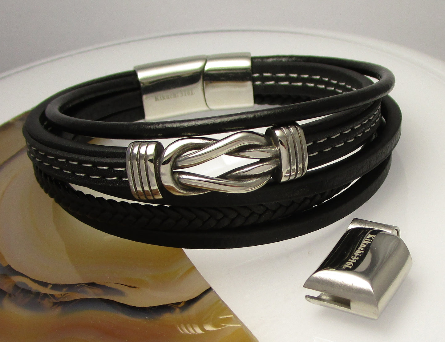 ⚜️ Herren Armband Lederarmband aus echtes Leder 5 Fach Schwarz Magnetverschluss 21 cm / 22,5 cm