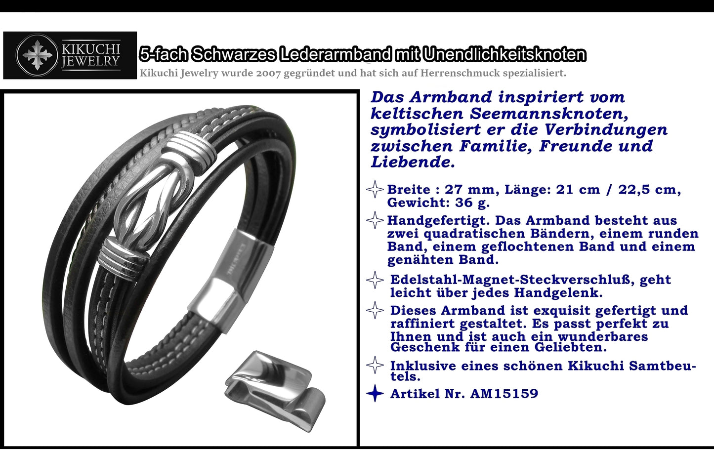 ⚜️ Herren Armband Lederarmband aus 5 Fach echtes Leder mit Unendlichkeitsknoten 21 cm / 22,5 cm