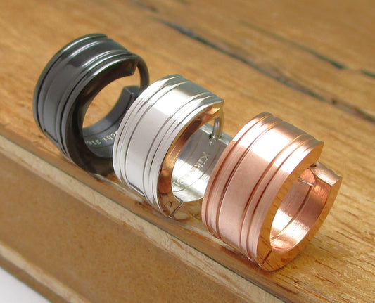 🔶 Unisex Edelstahl Ohrringe Klapp Creolen 6,5mm Kantig Fräsung Silber Rotgold Schwarz ER15129