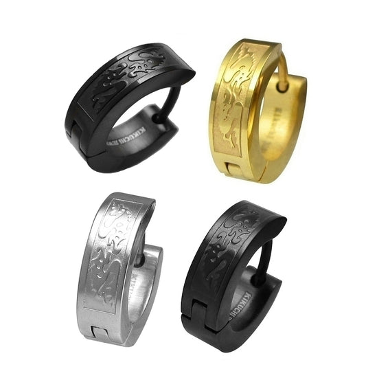 Herren Ohrringe Titan Verschluss Edelstahl Creolen Schwarz Silber Gold Drachen ERTS003