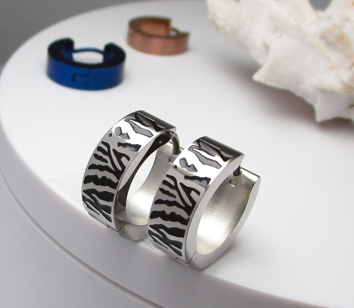 🔶 Ø 16 mm Titan Stab Ohrringe Schwarz Silber Zebra Enamel Glänzend Matt Klapp Creolen 18g ERTS041