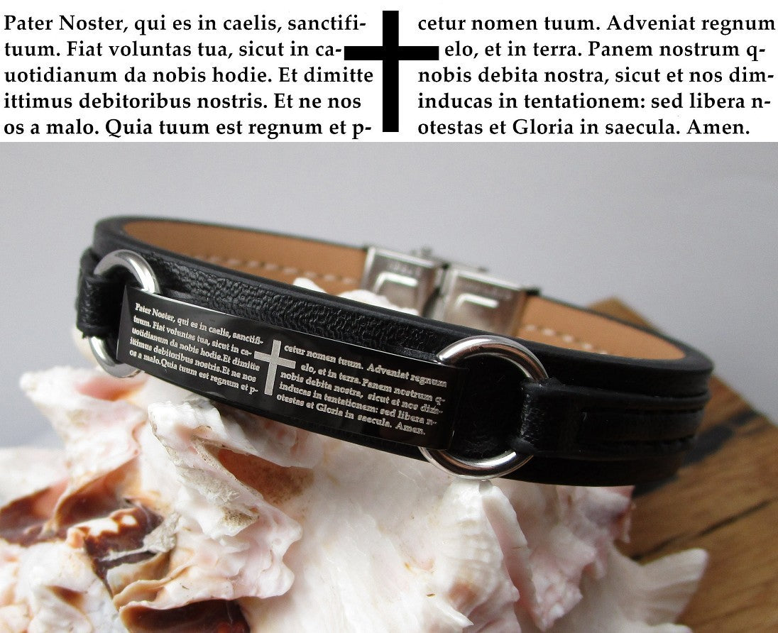 ⚜️ Herren Damen Partner Armband Edelstahl Lederarmband Schwarz Pater Noster (Vater Unser) Gebet Lateinisch 16 bis 23 cm