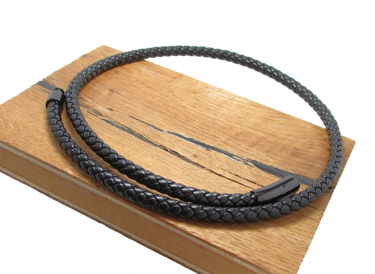 🔶 Unisex Lederhalsband Schwarz Kalbsleder aus sechs Bändern geflochten Ø 6mm mit Schwarzen Edelstahl Verschluss TOP