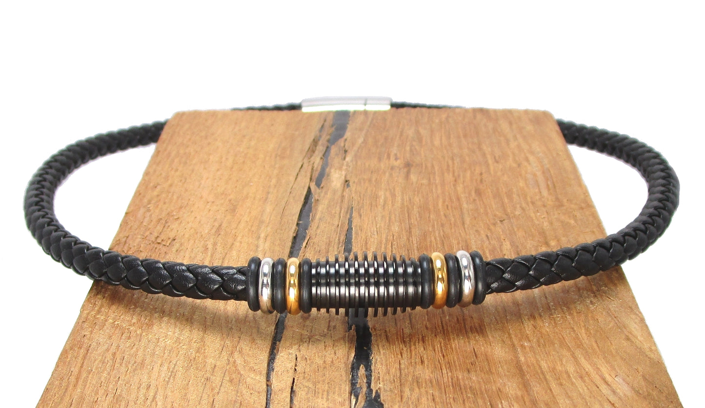 🔶 Men's Black Calfskin Leather Necklace Braided from Six Strands Ø 6mm with Stainless Steel Beads TOP