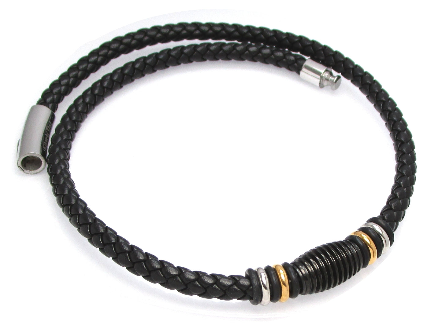 🔶 Men's Black Calfskin Leather Necklace Braided from Six Strands Ø 6mm with Stainless Steel Beads TOP