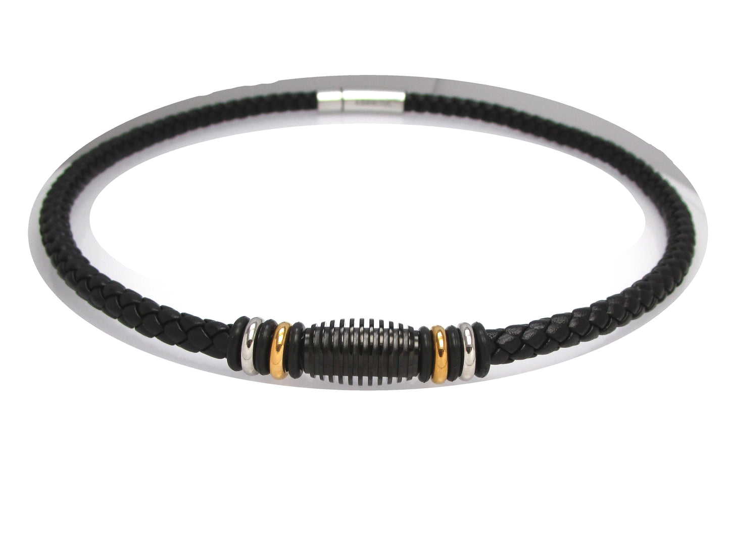 🔶 Men's Black Calfskin Leather Necklace Braided from Six Strands Ø 6mm with Stainless Steel Beads TOP