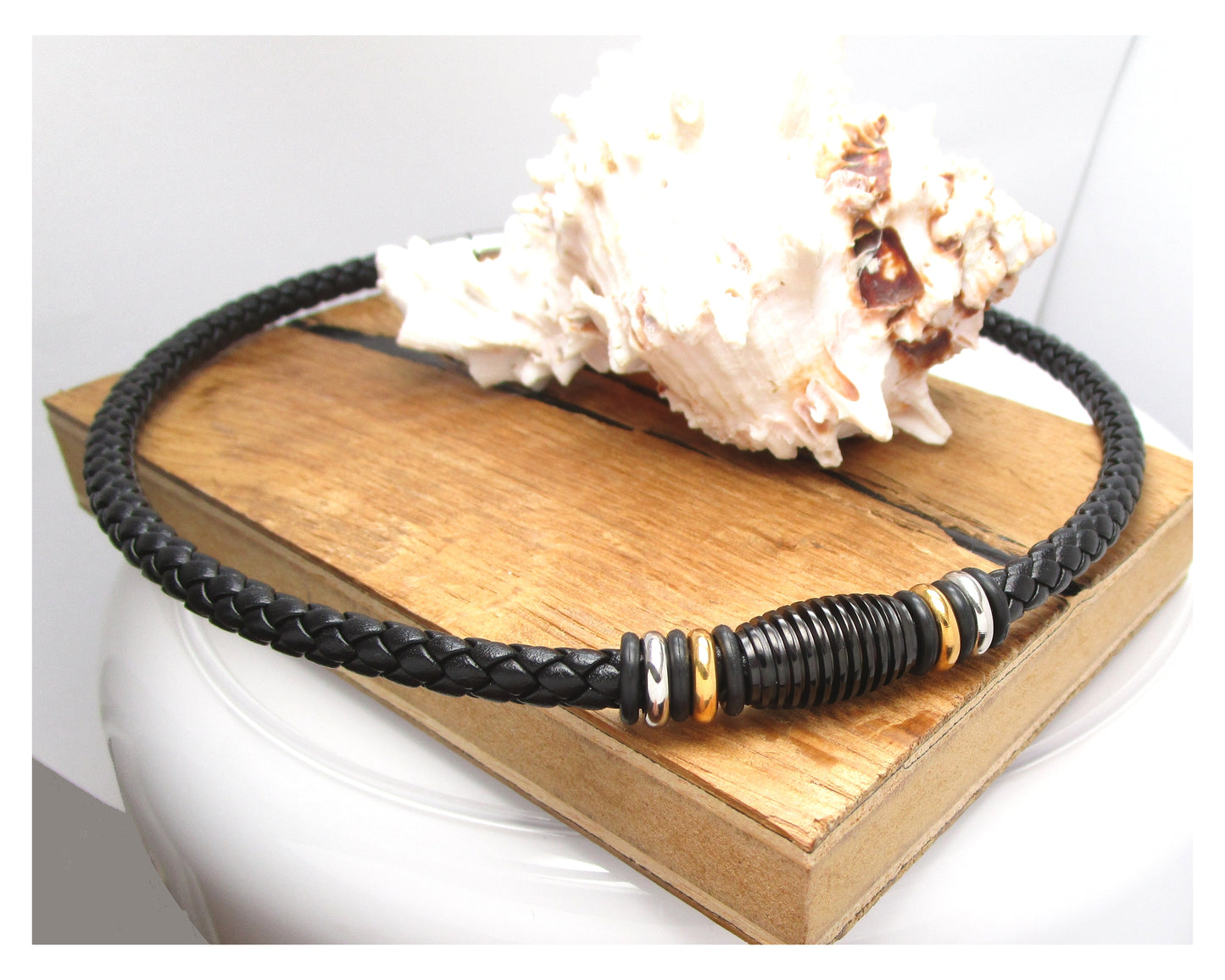 🔶 Men's Black Calfskin Leather Necklace Braided from Six Strands Ø 6mm with Stainless Steel Beads TOP