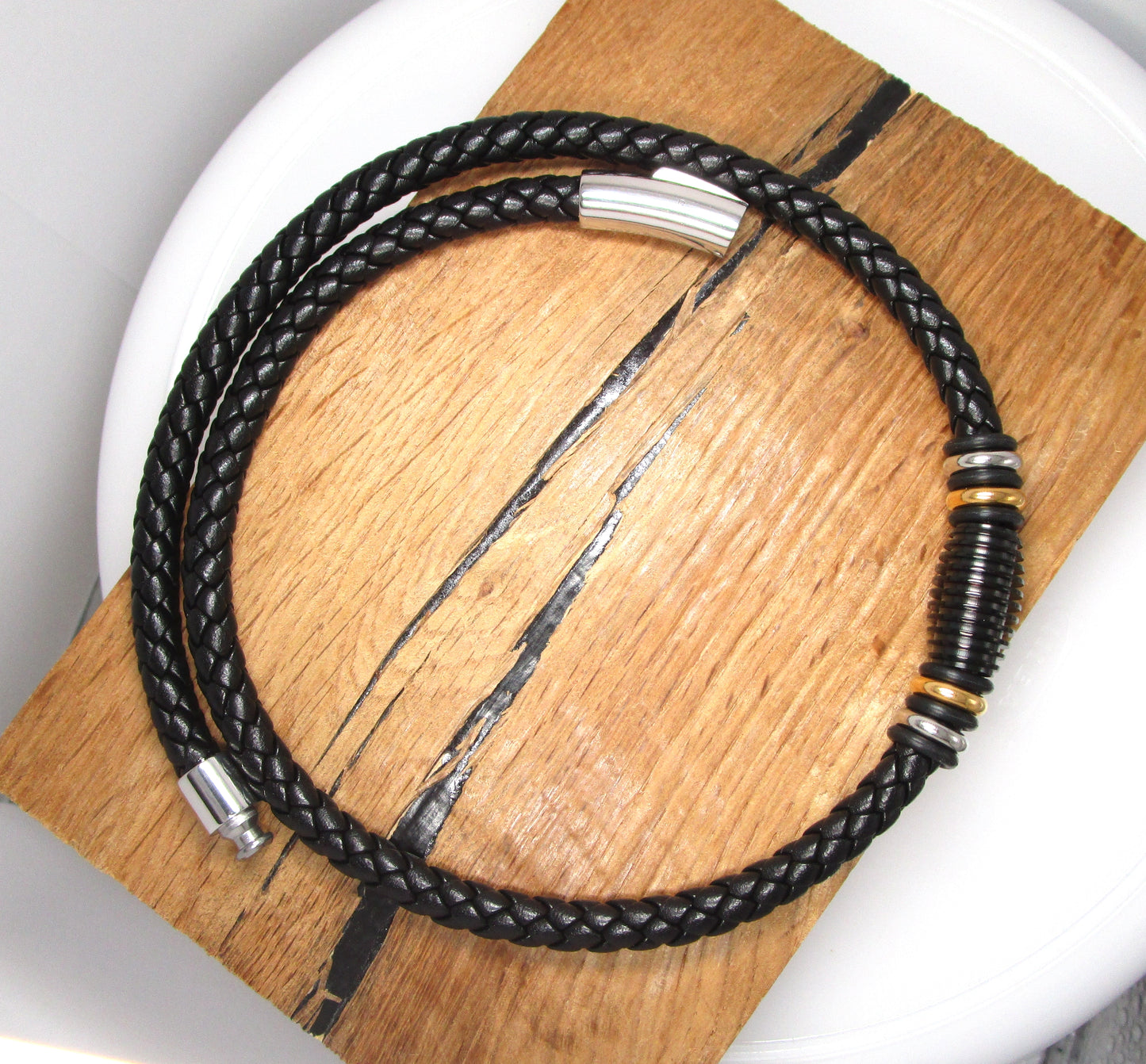 🔶 Men's Black Calfskin Leather Necklace Braided from Six Strands Ø 6mm with Stainless Steel Beads TOP