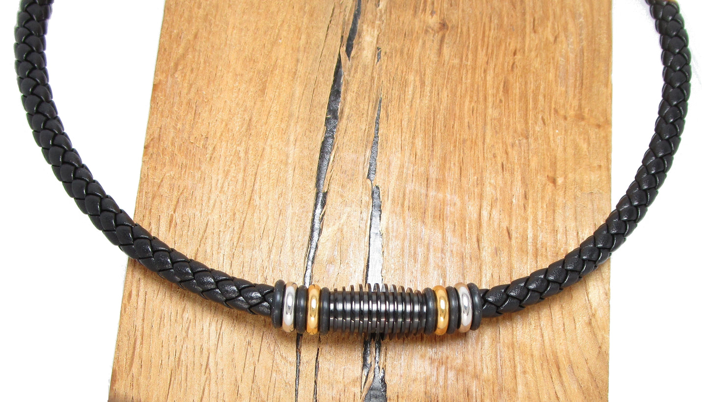 🔶 Men's Black Calfskin Leather Necklace Braided from Six Strands Ø 6mm with Stainless Steel Beads TOP