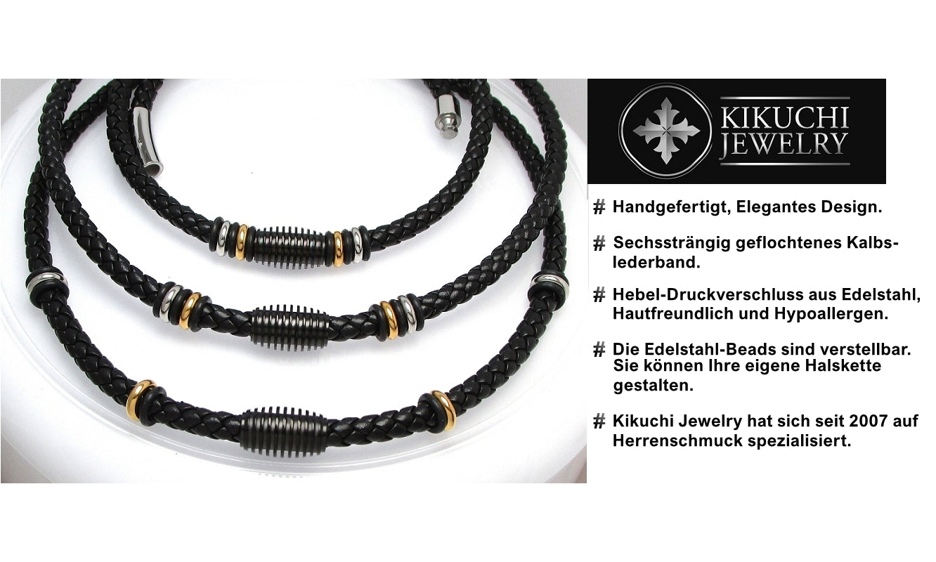 🔶 Men's Black Calfskin Leather Necklace Braided from Six Strands Ø 6mm with Stainless Steel Beads TOP