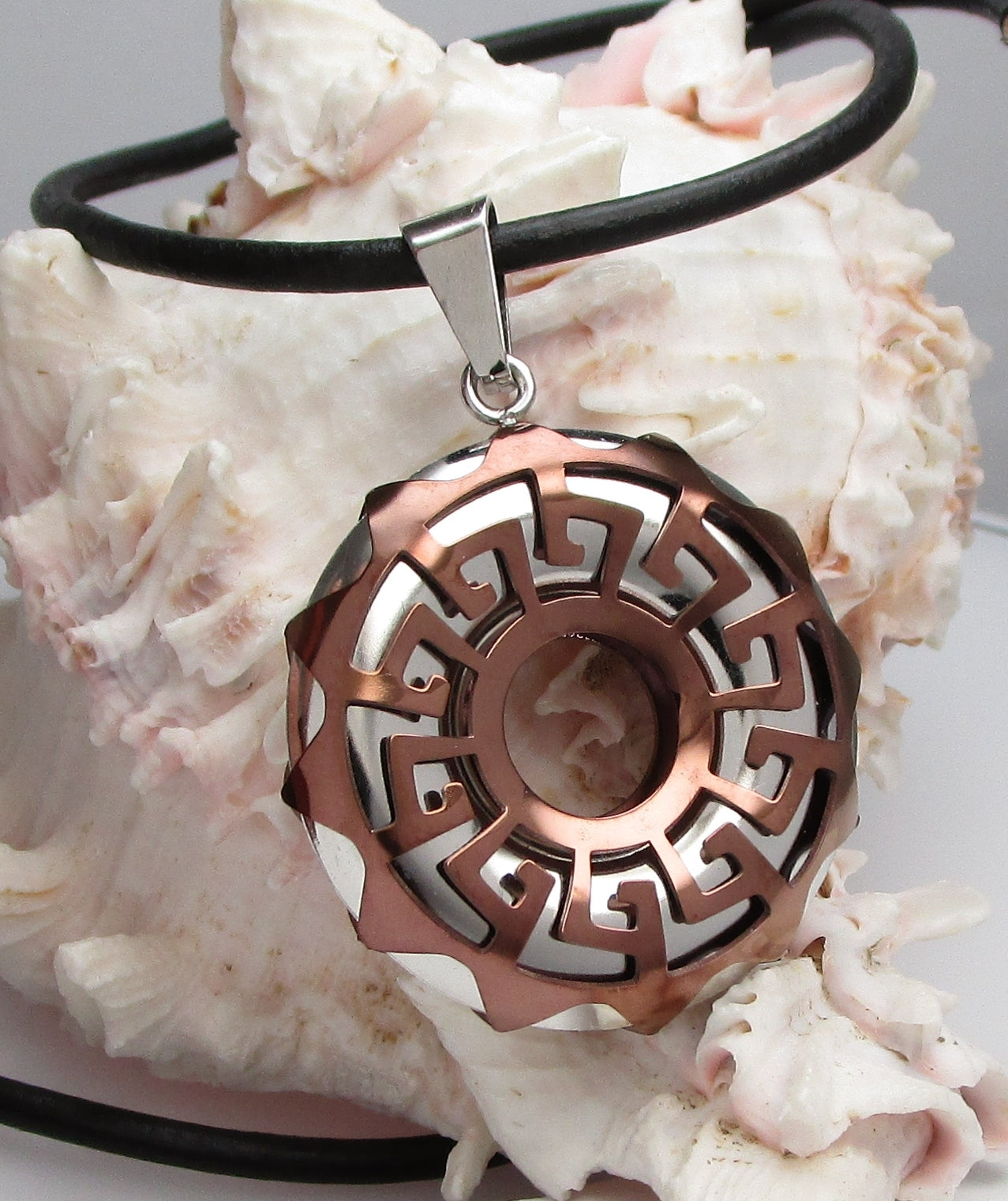 ✨Necklace Greek Key Circle Pendant Black Gold Bronze Blue with Leather Chain