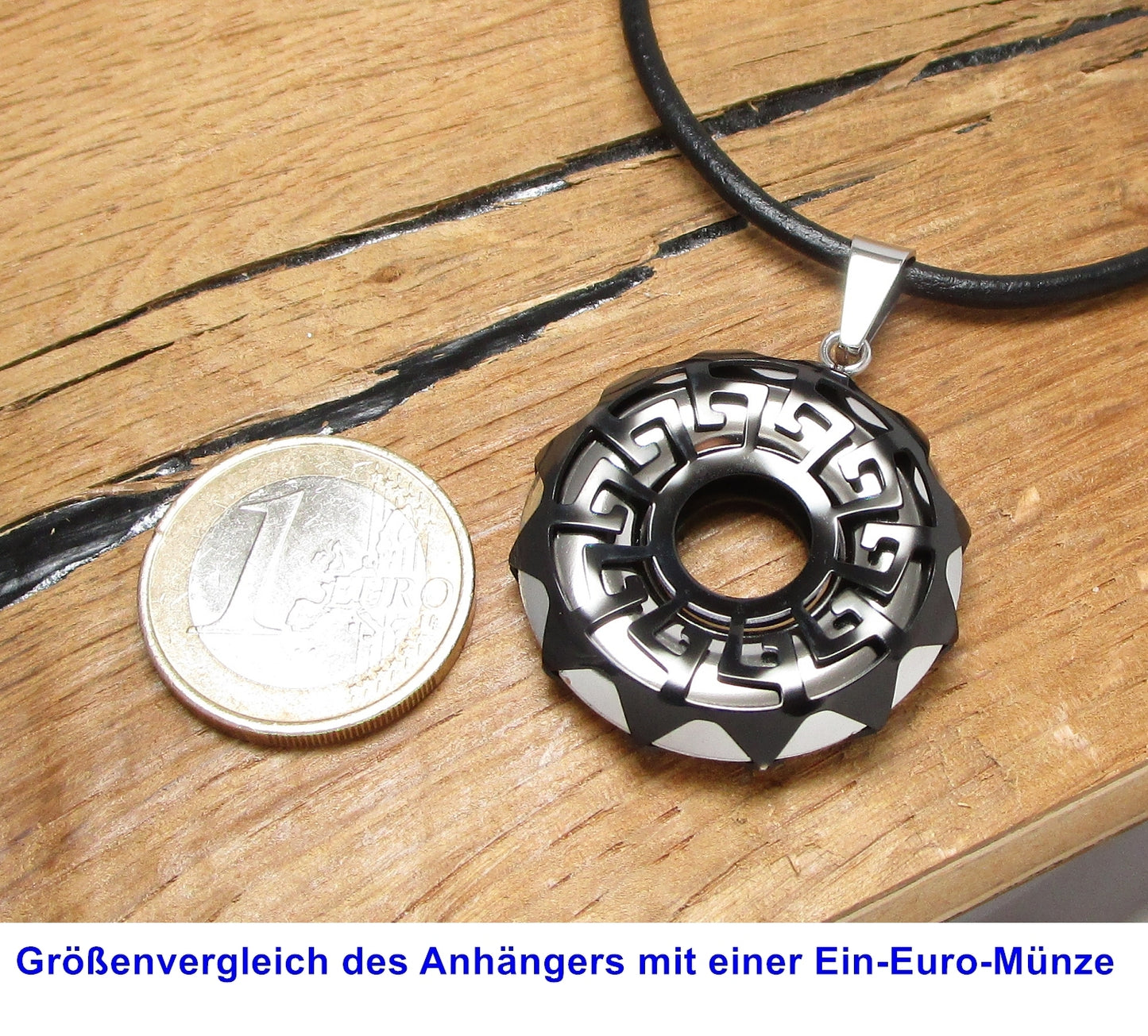 ✨Necklace Greek Key Circle Pendant Black Gold Bronze Blue with Leather Chain