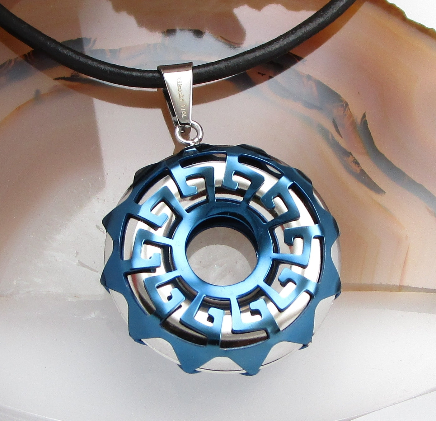 ✨Necklace Greek Key Circle Pendant Black Gold Bronze Blue with Leather Chain