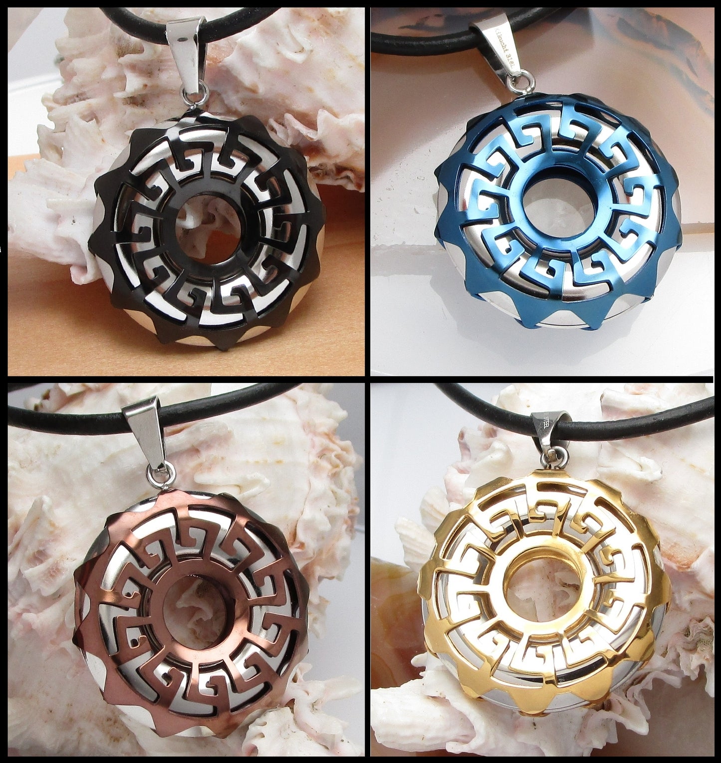 ✨Necklace Greek Key Circle Pendant Black Gold Bronze Blue with Leather Chain