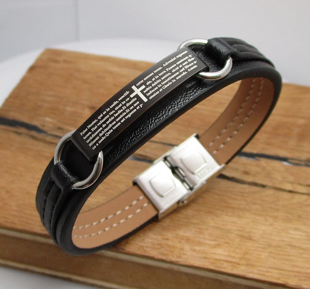 ⚜️ Herren Damen Partner Armband Edelstahl Lederarmband Schwarz Pater Noster (Vater Unser) Gebet Lateinisch 16 bis 23 cm
