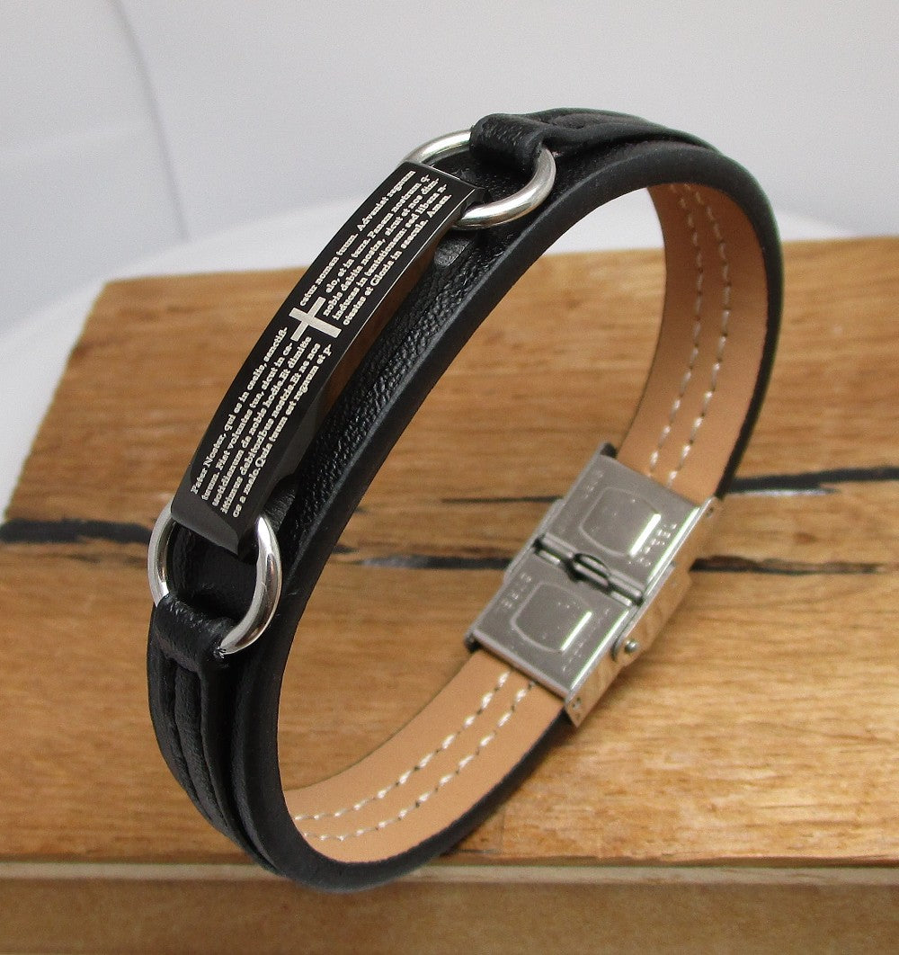 ⚜️ Herren Damen Partner Armband Edelstahl Lederarmband Schwarz Pater Noster (Vater Unser) Gebet Lateinisch 16 bis 23 cm