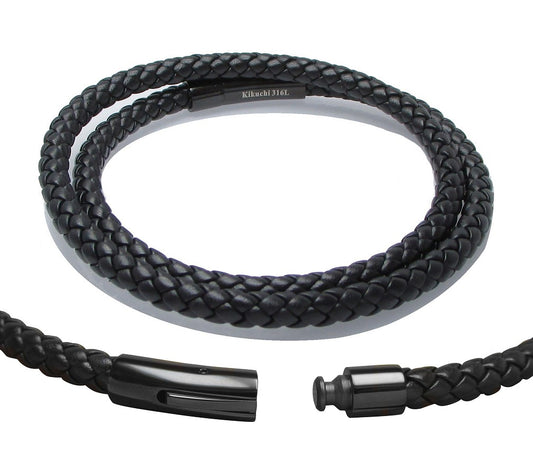 🔶 Unisex Lederhalsband Schwarz Kalbsleder aus sechs Bändern geflochten Ø 6mm mit Schwarzen Edelstahl Verschluss TOP