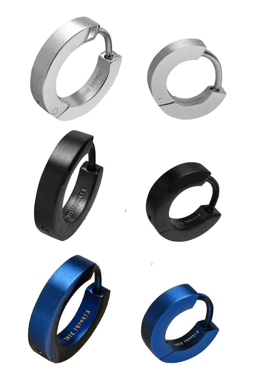 Men's earrings titanium rods stainless steel hoop huggies straight 3 mm / Ø 15 mm black blue silver matt ERTS023